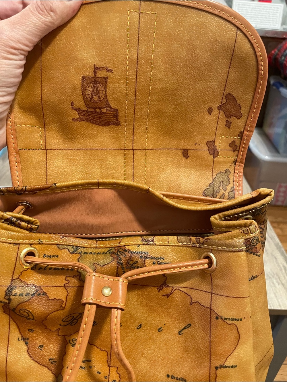 Alviero Martini Tan Map-Print Leather Backpack with Gold Hardware - Picture 12 of 13